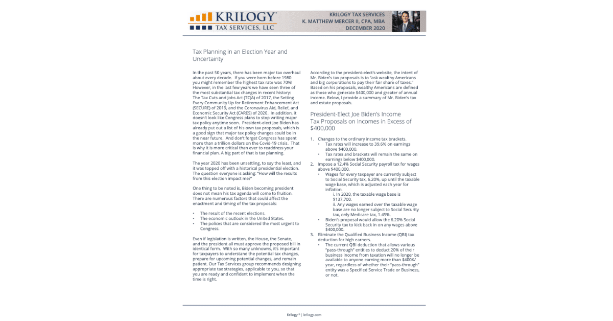 Tax Planning in an Election Year and Uncertainty