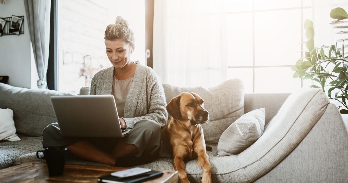 Woman on a laptop at home with her dog